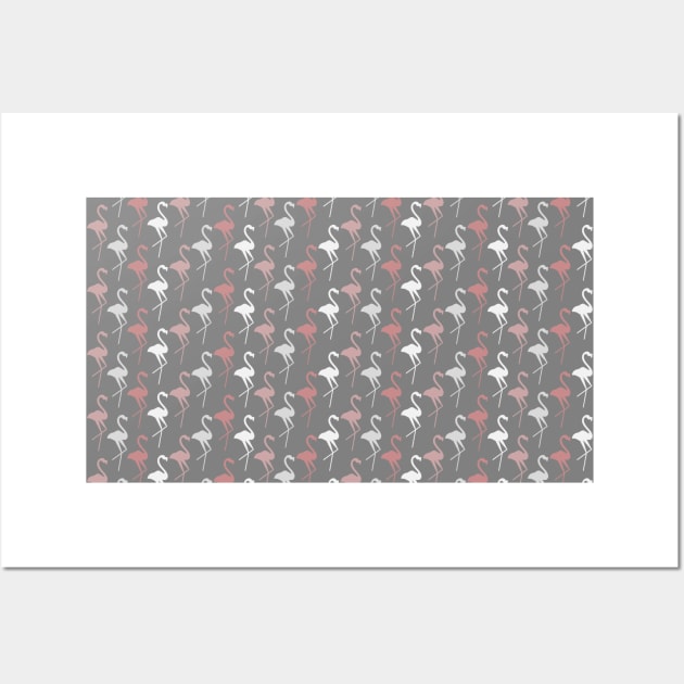 Seamless patterns with flamingos on grey background Wall Art by SooperYela